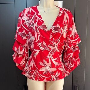 Bar III Red Floral Ruffle Sleeve Blouse